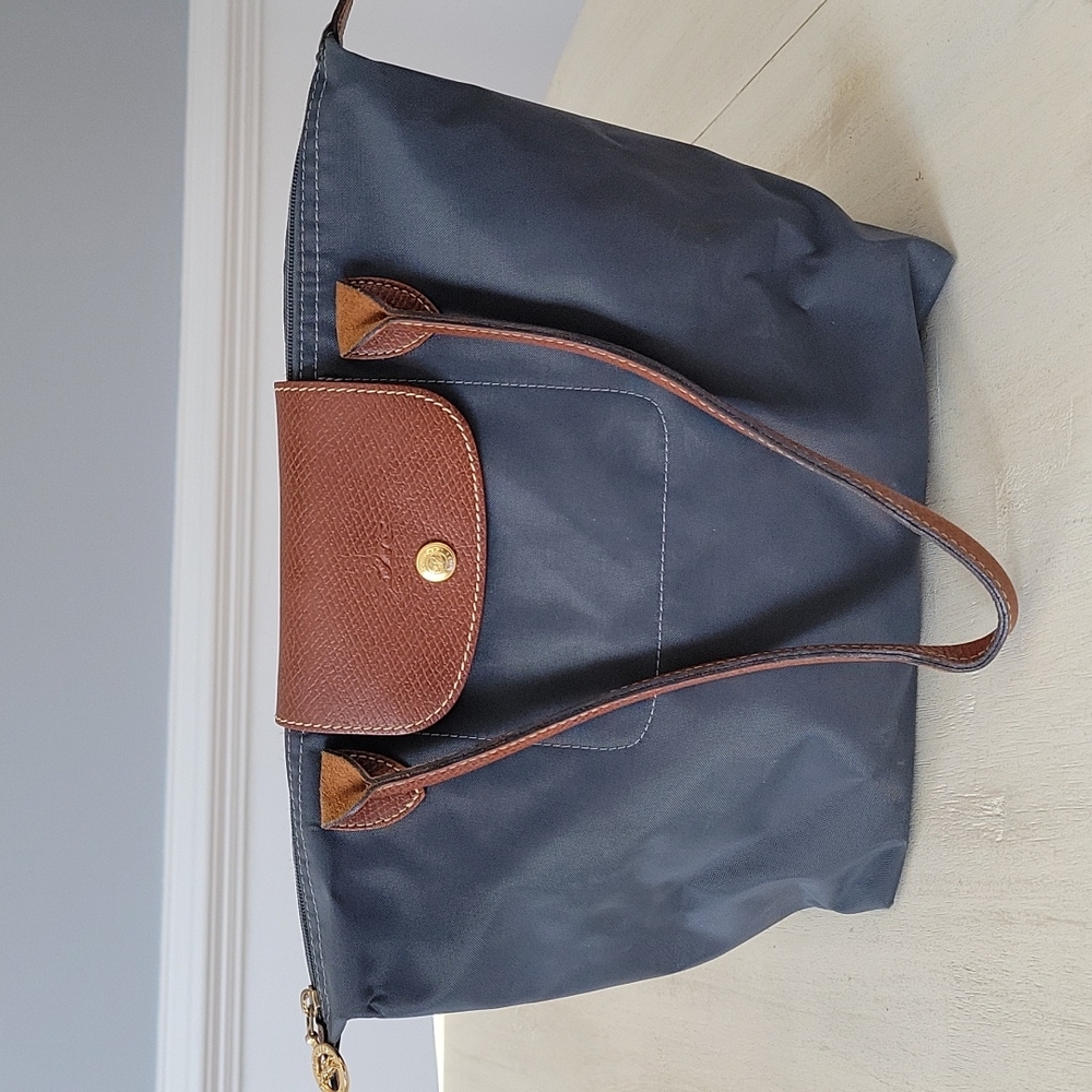 Longchamp Canvas Navy Steel Blue Medium Tote